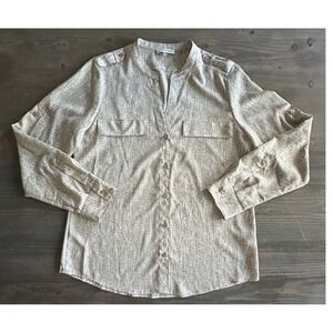 Calvin Klein Beige Animal Print Roll Tab Sleeve Button Down Top Womens Size M